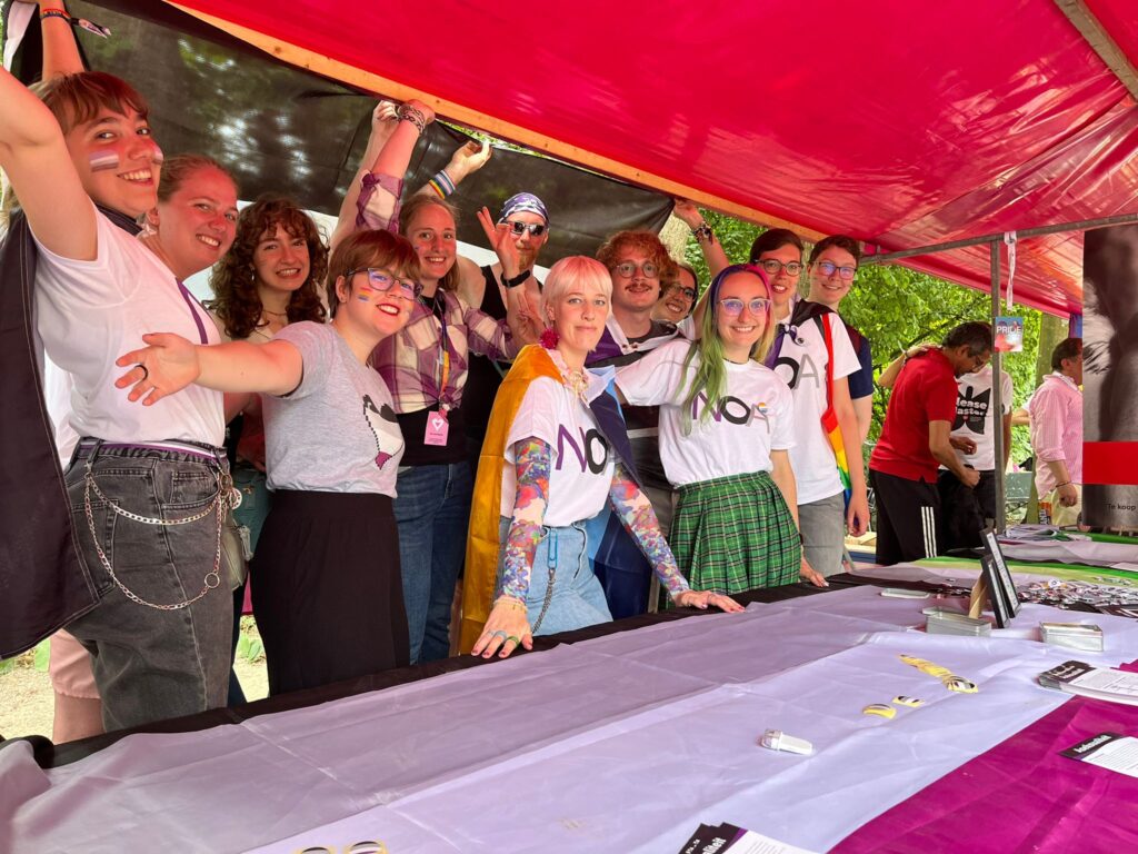 Twaalf mensen staan achter een kraampje met daarop de aseksuele vlag. Verschillende mensen houden achter zich een grote aseksuele vlag vast. Aan aantal mensen heeft een shirt aan met het NOA logo of andere kleding aan in de kleuren van de aseksuele vlag. Op de aseksuele vlag vooraan liggen stickers en flyers.