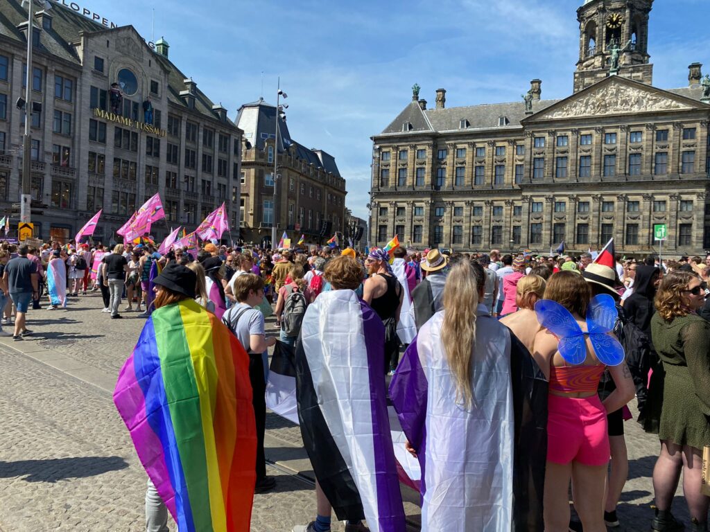 Een grote groep mensen op de Dam in Amsterdam. Vooraan staan vier mensen met de rug naar de camera. De linker persoon heeft een regenboog vlag als cape over hun rug hangen. De twee personen daarnaast hebben een aseksuele vlag als cape over hun schouders hangen. Rechts staat iemand in een korte roze broek en roze topje met blauwe vleugels om.