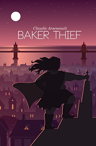 Boekomslag van Baker Thief: een illustratie van een personage met een cape om en lang haar dat op een dak staat en uitkijkt op een stad. Het personage vormt een silhouet tegen een paarsige achtergrond.